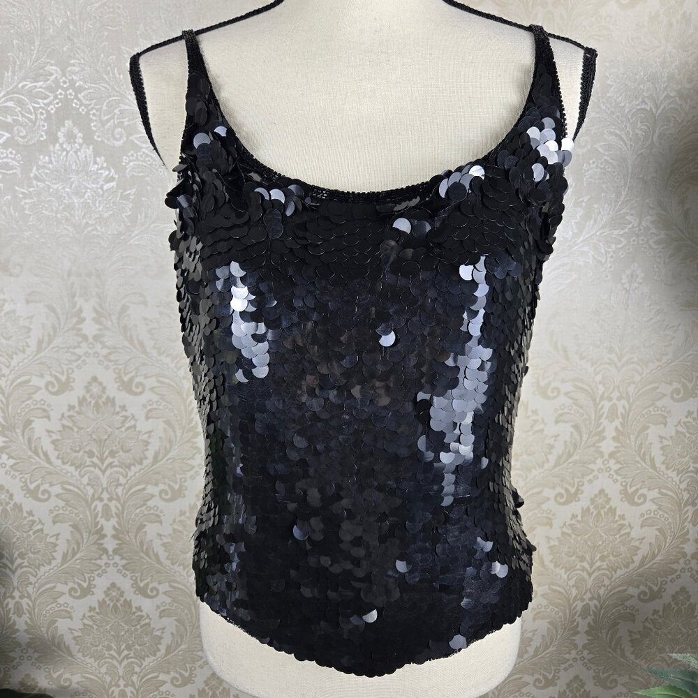 SCALA Size Large Black Sequin Tank Top Beaded Straps Hidden Back Zipper Party